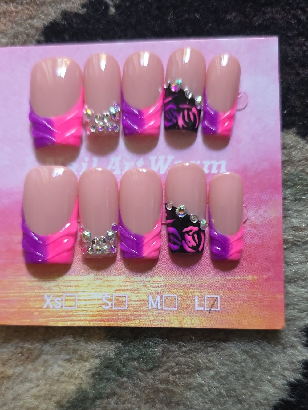 Nude Pink & Purple Press-On Nail Set with Rhinestones - Size Large